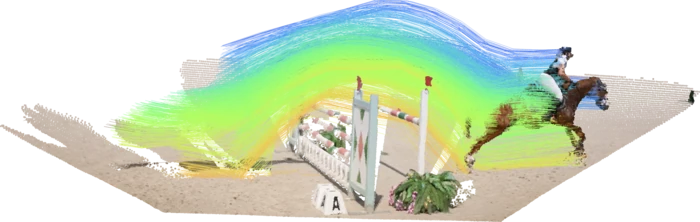 ARROW’s 4D reconstruction of a horse and rider jumping over a barrier, with colored motion tracks